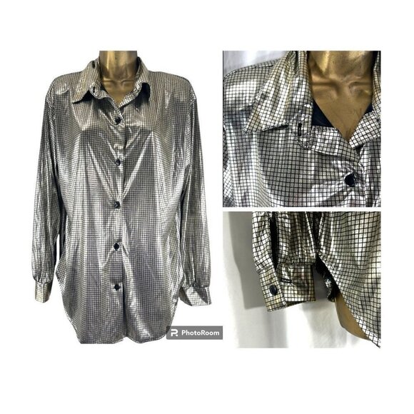 Vintage Silver Lamé Metallic Blouse Dancing Queen Disco Fairy Power Glam 40Bust - Picture 2 of 7